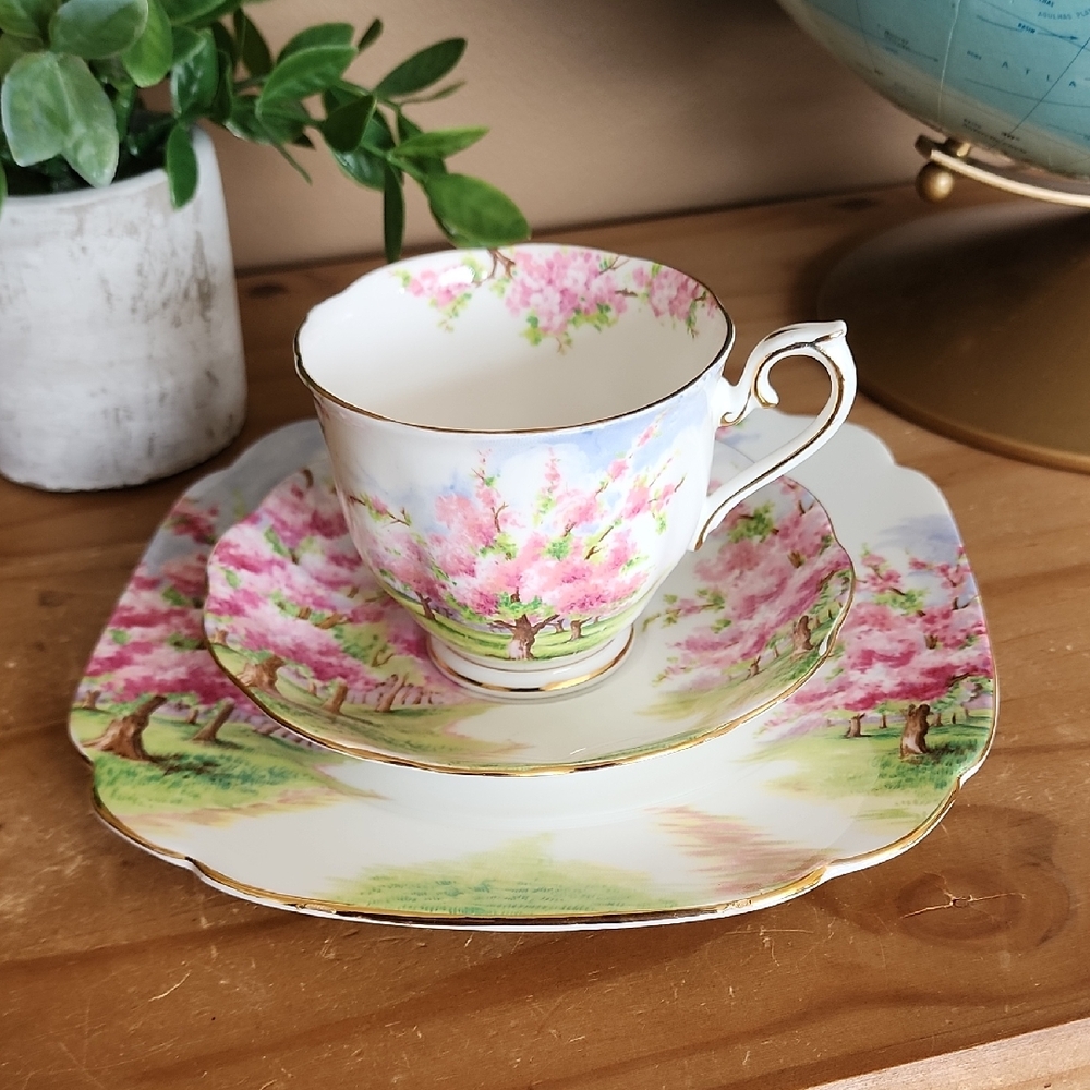 Royal Albert Blossom Time Fine Hone China Tea Trio with Gold Trim